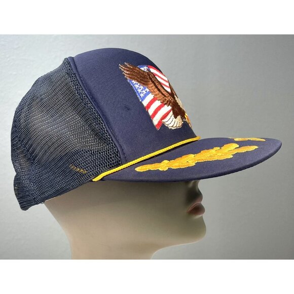 VTG NISSIN Navy American Flag Eagle Leaf Embroidery Snapback Mesh TRUCKER CAP - Picture 3 of 8